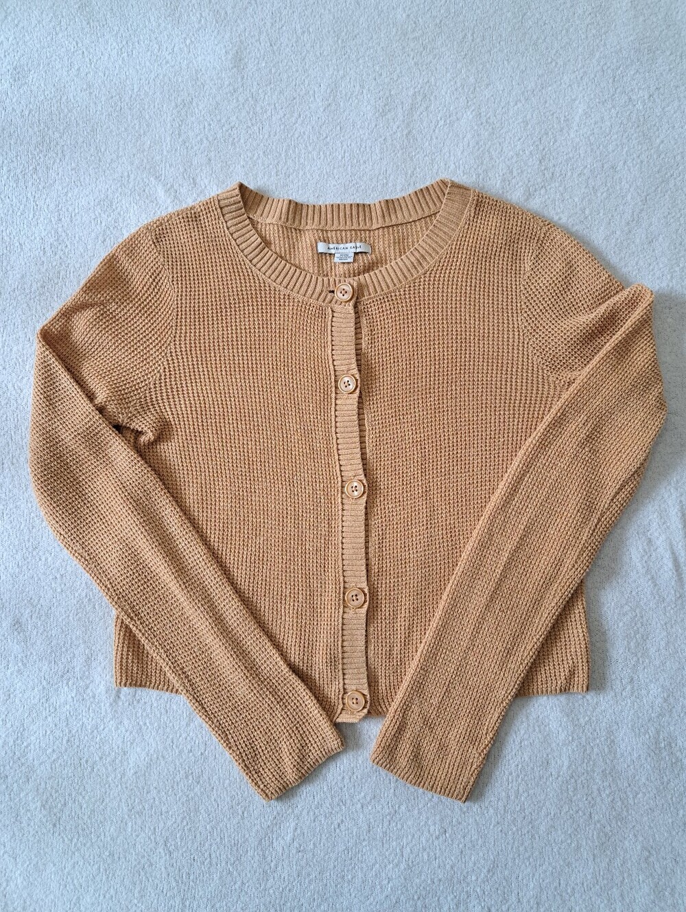 American Eagle Waffle Knit Cardigan Sweater Medium Cotton Blend Camel Light